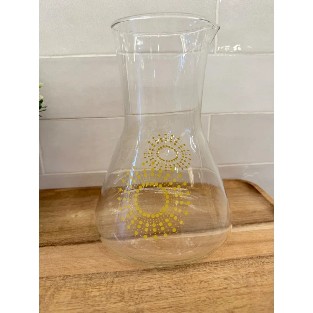 Pyrex Carafe Pitcher Vintage Yellow Sunburst Dot 7.75in Clear Glass MCM USA